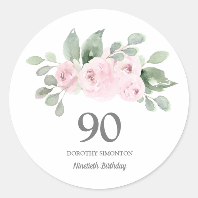 90th Birthday Party Pink Rose Eucalyptus Classic Round Sticker (Front)