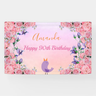 90th birthday party pink violet garden florals banner
