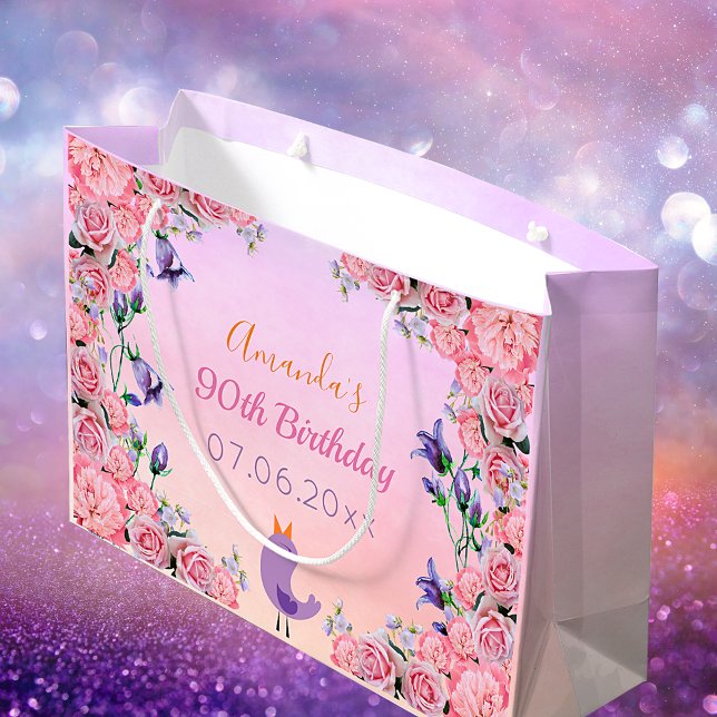 90th birthday party pink violet garden florals large gift bag (Creator Uploaded)