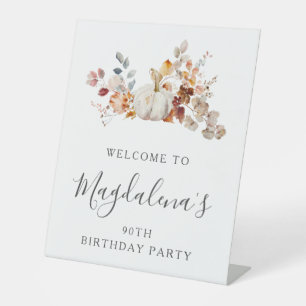 90th Birthday Party Pumpkin Fall Flower Welcome Pedestal Sign