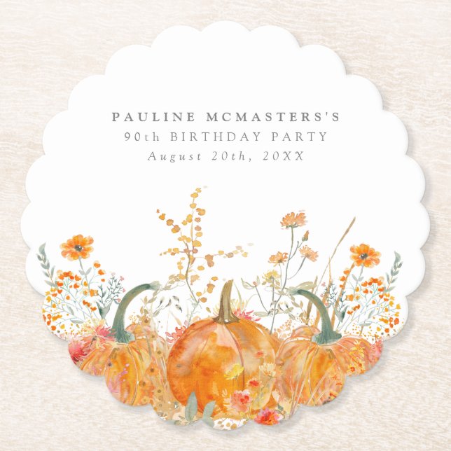 90th Birthday Party Pumpkin Wildflower Custom Paper Coaster (Front)