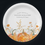 90th Birthday Party Pumpkin Wildflower Custom Paper Plate<br><div class="desc">Fall pumpkins are nestled in delicate golden yellow and orange wildflowers to create an elegant aesthetic. All of the text is editable so you can easily craft your own special mood.</div>