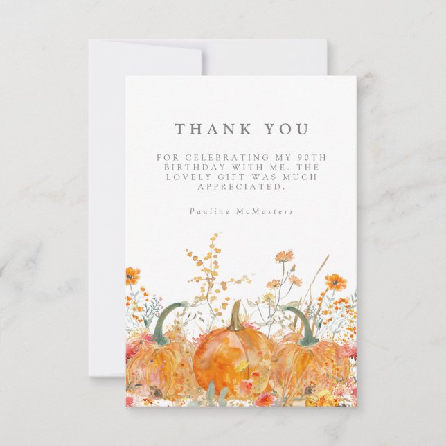 90th Birthday Party Pumpkin Wildflower Custom Thank You Card (Front)