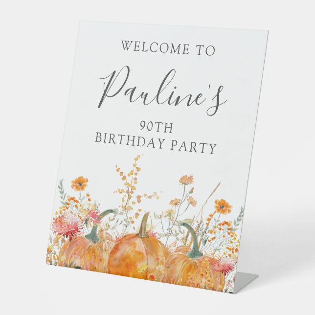 90th Birthday Party Pumpkin Wildflower Welcome Pedestal Sign (Front)