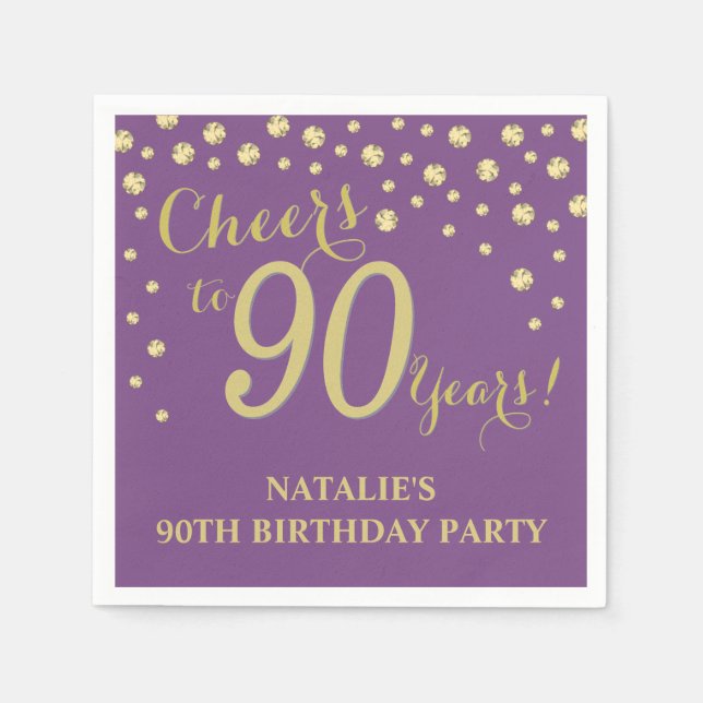 90th Birthday Party Purple and Gold Diamond Napkin (Front)