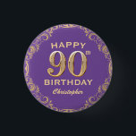 90th Birthday Party Purple and Gold Glitter Frame 3 Cm Round Badge<br><div class="desc">90th Birthday Party Purple and Gold Glitter Frame Button. For further customisation,  please click the "Customise it" button and use our design tool to modify this template.</div>