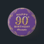 90th Birthday Party Purple and Gold Glitter Frame 3 Cm Round Badge<br><div class="desc">90th Birthday Party Purple and Gold Glitter Frame Button. For further customisation,  please click the "Customise it" button and use our design tool to modify this template.</div>