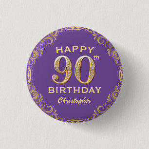 90th Birthday Party Purple and Gold Glitter Frame 3 Cm Round Badge