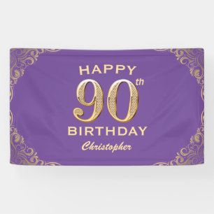 90th Birthday Party Purple and Gold Glitter Frame Banner