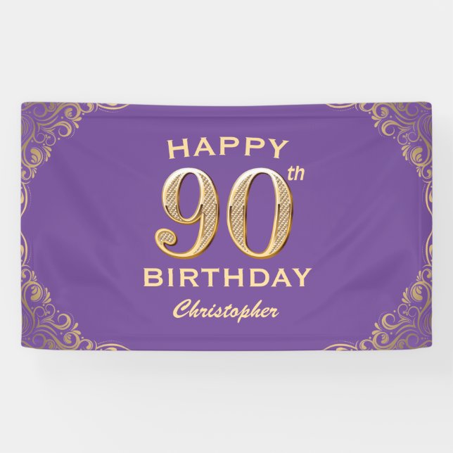 90th Birthday Party Purple and Gold Glitter Frame Banner (Horizontal)