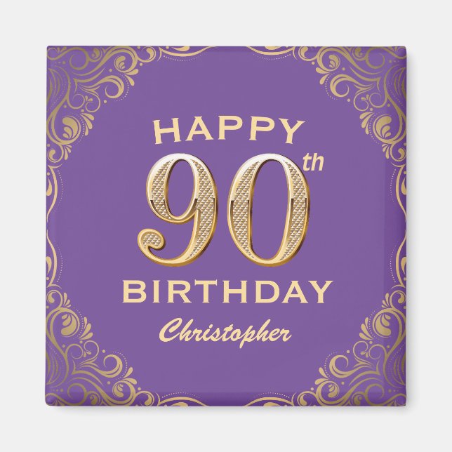 90th Birthday Party Purple and Gold Glitter Frame Magnet (Front)
