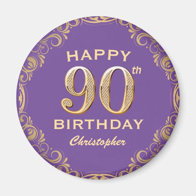 90th Birthday Party Purple and Gold Glitter Frame Magnet (Front)