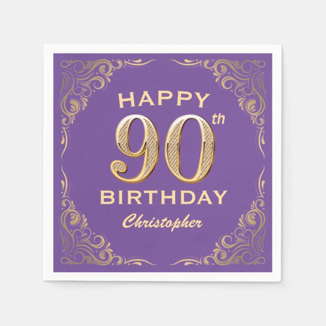 90th Birthday Party Purple and Gold Glitter Frame Napkin (Front)