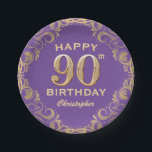 90th Birthday Party Purple and Gold Glitter Frame Paper Plate<br><div class="desc">90th Birthday Party Purple and Gold Glitter Frame Paper Plates. For further customisation,  please click the "Customise it" button and use our design tool to modify this template.</div>