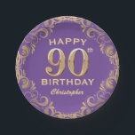 90th Birthday Party Purple and Gold Glitter Frame Paper Plate<br><div class="desc">90th Birthday Party Purple and Gold Glitter Frame Paper Plates. For further customisation,  please click the "Customise it" button and use our design tool to modify this template.</div>