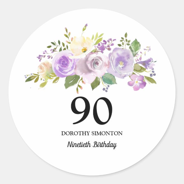  90th Birthday Party Purple Rose Floral Classic Round Sticker (Front)