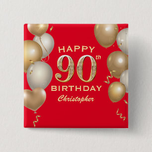 90th Birthday Party Red and Gold Balloons 15 Cm Square Badge