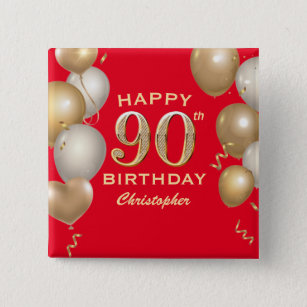 90th Birthday Party Red and Gold Balloons 15 Cm Square Badge