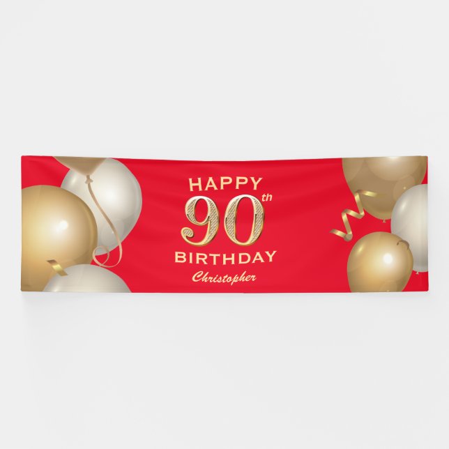 90th Birthday Party Red and Gold Balloons Banner (Horizontal)