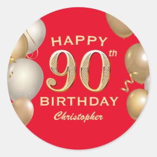 90th Birthday Party Red and Gold Balloons Classic Round Sticker