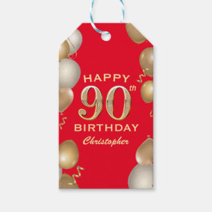 90th Birthday Party Red and Gold Balloons Gift Tags