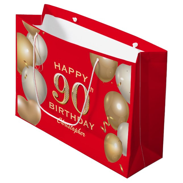 90th Birthday Party Red and Gold Balloons Large Gift Bag (Front Angled)