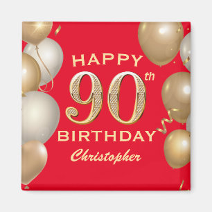 90th Birthday Party Red and Gold Balloons Magnet