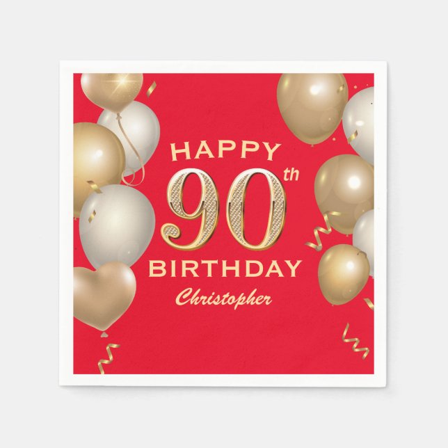 90th Birthday Party Red and Gold Balloons Napkin (Front)