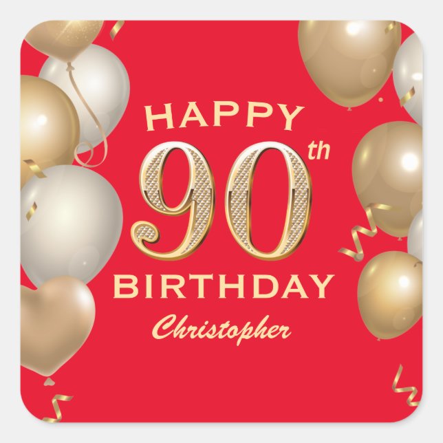 90th Birthday Party Red and Gold Balloons Square Sticker (Front)