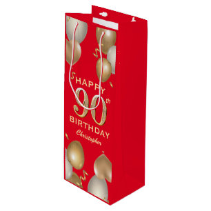 90th Birthday Party Red and Gold Balloons Wine Gift Bag