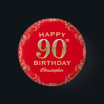 90th Birthday Party Red and Gold Glitter Frame 3 Cm Round Badge<br><div class="desc">90th Birthday Party Red and Gold Glitter Frame Button. For further customisation,  please click the "Customise it" button and use our design tool to modify this template.</div>