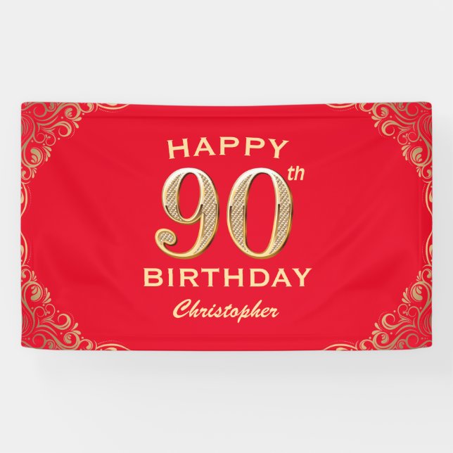 90th Birthday Party Red and Gold Glitter Frame Banner (Horizontal)