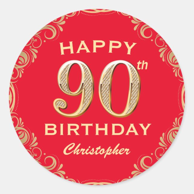 90th Birthday Party Red and Gold Glitter Frame Classic Round Sticker (Front)