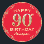 90th Birthday Party Red and Gold Glitter Frame Classic Round Sticker<br><div class="desc">90th Birthday Party Red and Gold Glitter Frame Sticker. For further customisation,  please click the "Customise it" button and use our design tool to modify this template.</div>