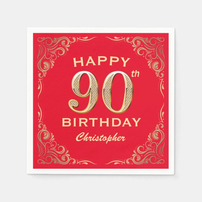 90th Birthday Party Red and Gold Glitter Frame Napkin (Front)