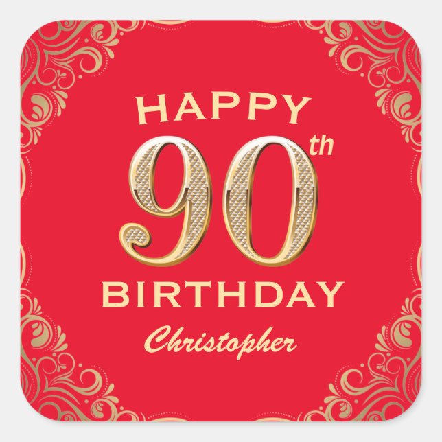 90th Birthday Party Red and Gold Glitter Frame Square Sticker (Front)