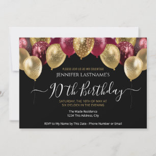 90th Birthday Party Red and Gold Invitation