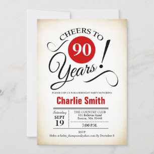 90th Birthday Party -  Red Black White Invitation