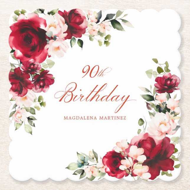 90th Birthday Party Red Pink Floral Custom Paper Coaster (Front)
