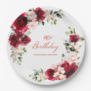 90th Birthday Party Red Pink Floral Custom Paper Paper Plate