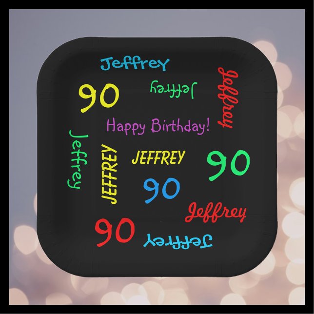 90th Birthday Party, Repeating Name, Black Square Paper Plate (Creator Uploaded)