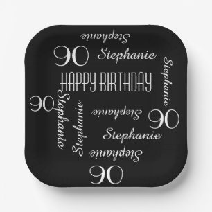 90th Birthday Party Repeating Name Square Paper Plate