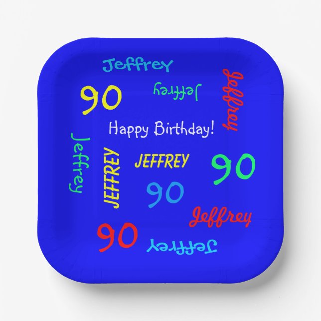 90th Birthday Party, Repeating Names, Blue Square Paper Plate (Front)