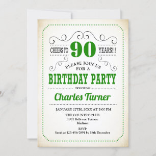 90th Birthday Party - Retro Creamy White and Green Invitation