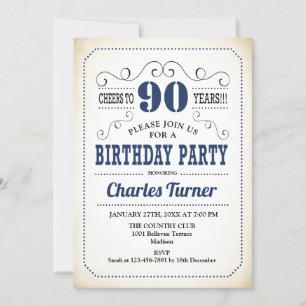 90th Birthday Party - Retro Creamy White and Navy Invitation