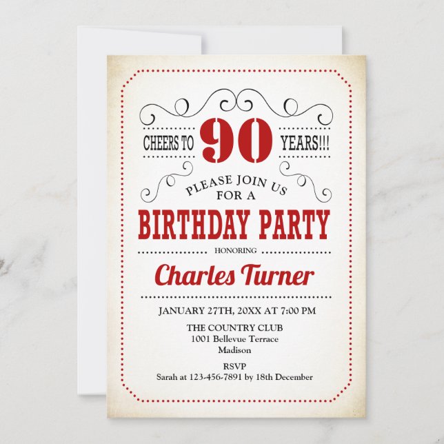90th Birthday Party - Retro Creamy White and Red Invitation (Front)