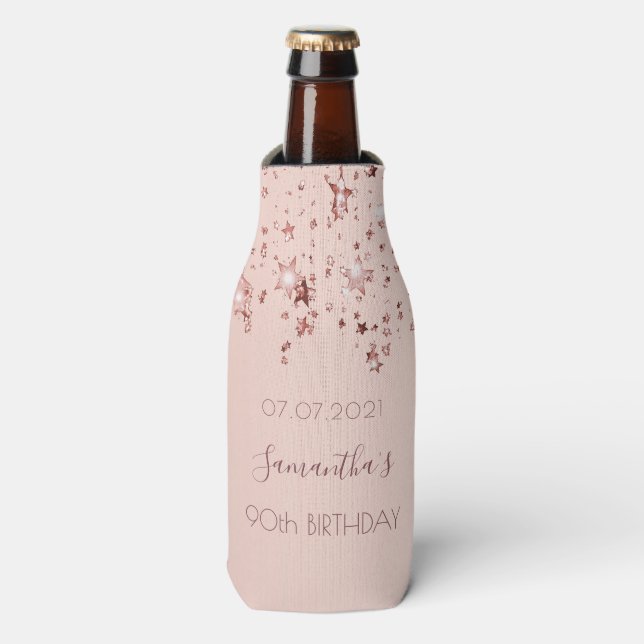 90th birthday party rose gold blush stars name bottle cooler (Bottle Front)