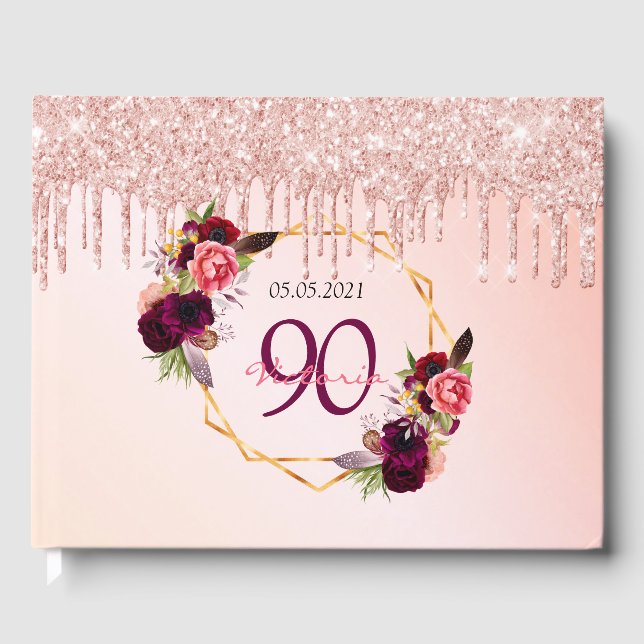 90th birthday party rose gold geometric guest book (Front)