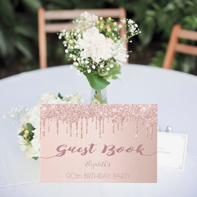 90th birthday party rose gold glitter drips pink guest book (Creator Uploaded)