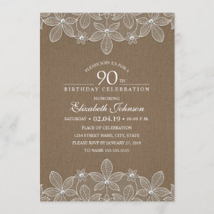 90th Birthday Party Rustic Burlap Pearls and Lace Invitation